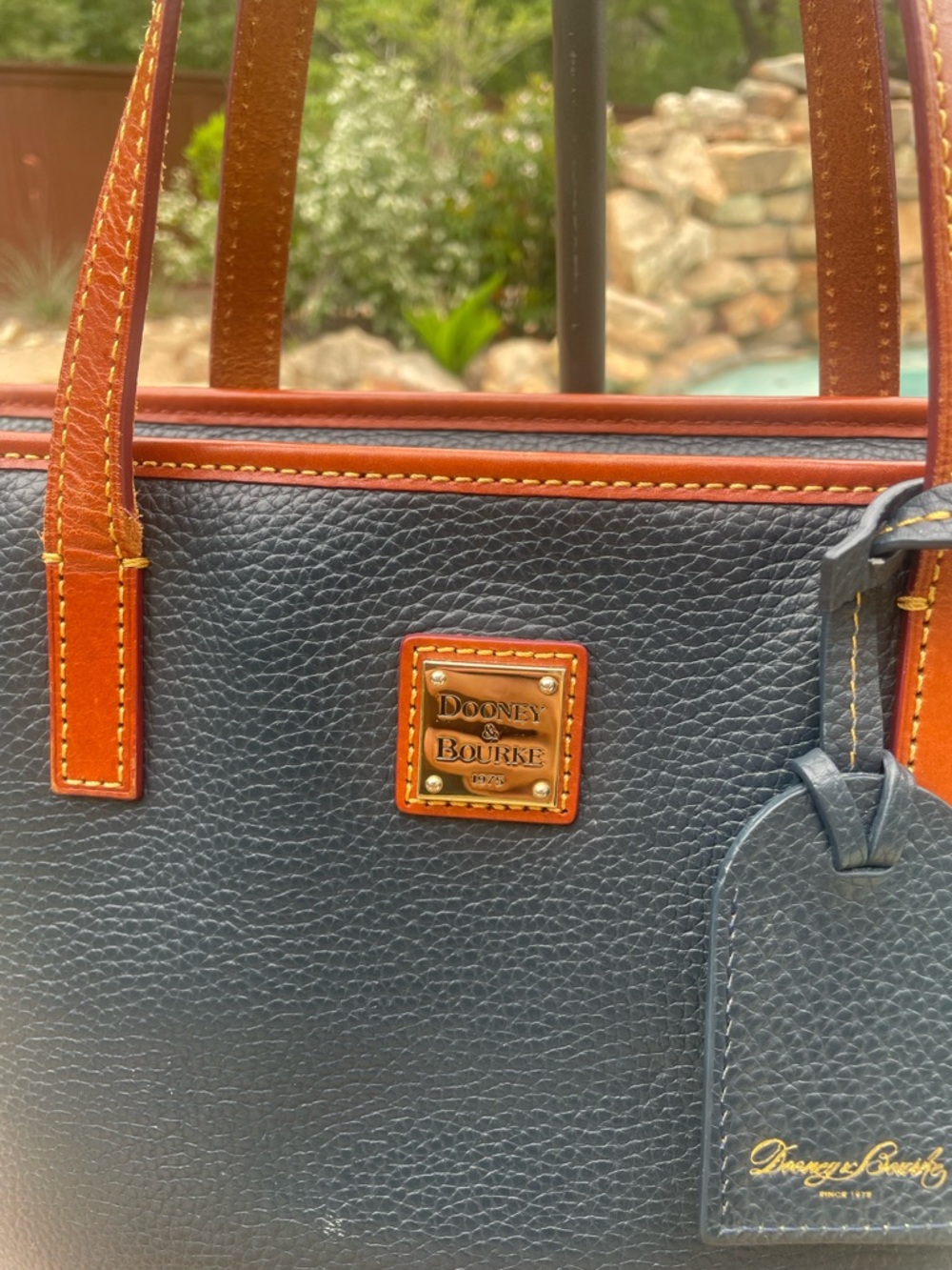 Dooney & Bourke Navy Pebble Grain Leather Tote British Tan Trim and Straps (CSR) - Picture 9 of 15